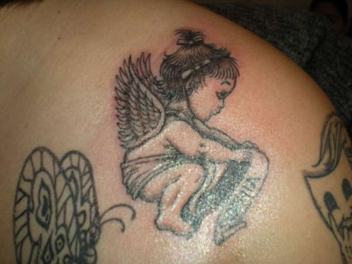 Baby Angel With Banner Tattoo On Right Back Shoulder